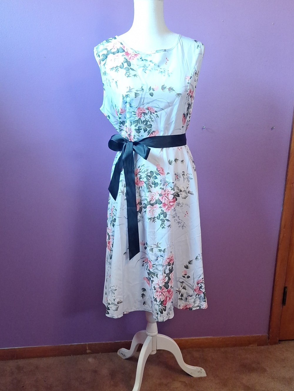 Floral A-Line Midi Dress with Black Sash